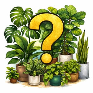 Peut inclure: Illustration colorée avec un point d'interrogation jaune entouré de diverses plantes en pot. Les plantes, dont des monstera et des sansevieria, sont dans différents pots, créant un affichage vert luxuriant. L'image est sur fond blanc.