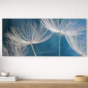 Puede incluir: Una impresión rectangular en lienzo que presenta un primer plano de cabezas de semillas de diente de león sobre un fondo azul. Las delicadas semillas blancas están bien enfocadas, con tallos finos. La obra de arte está montada en una pared blanca sobre una superficie de madera.
