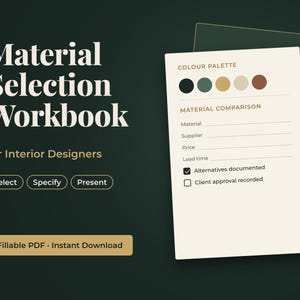 Interior Design Material Selection Workbook | Finish Schedule, Material Specification & Sample Log | Fillable PDF for Designers