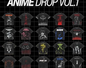 Könnte beinhalten: Eine Sammlung von zwanzig schwarzen Kurzarm-T-Shirts in einem Raster, jedes mit einzigartigen weißen, roten, gelben oder grünen Anime-inspirierten Grafikdrucken und Texten. Der Kopfzeilentext lautet ANIME DROP VOL.1 vor einem schwarzen Raster.