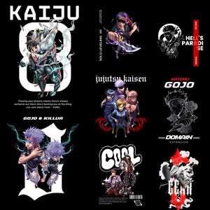 Könnte beinhalten: Ein schwarzes Grafikdesign mit mehreren Illustrationen im Anime-Stil. Die Designs umfassen Charaktere mit Text wie "KAIJU 8", "GOJO & KILLUA", "jujutsu kaisen", "SATORU GOJO" und "COOL". Das Bild hat eine kühne, urbane Ästhetik.