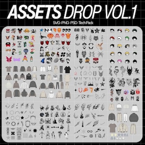 May include: A digital asset collection titled ASSETS DROP VOL.1 featuring SVG, PNG, PSD, and Tech Pack files. The image displays a grid of various graphic design elements, including character icons, clothing silhouettes, tribal patterns, and symbols.