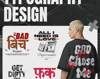 Könnte beinhalten: Bild mit Typografie-Designs auf schwarzem Hintergrund. Die Designs umfassen Sätze wie "BAD बिच", "ALL I NEED IS LOVE", "GET DIRTY IN PARIS" und "GOD CHOSE ME". Das Bild enthält auch den Text "NUANCE | 50+ Designs".
