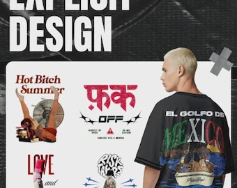 Könnte beinhalten: Ein schwarzes T-Shirt mit einem Grafikdruck eines Bootes auf dem Wasser und dem Text EL GOLFO DE MEXICO. Das Bild zeigt zudem vier weitere Grafikdesigns mit den Texten Hot Bitch Summer, F*CK OFF, LOVE and SMOKING und F*YOU.