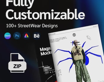 Könnte beinhalten: Ein digitales Produktpaket mit über 100 Streetwear-Designs in einer ZIP-Datei. Die Grafik zeigt den Text Fully Customizable, 100+ StreetWear Designs und ein Magazin-Mockup mit einer Person in einem Kapuzenpullover und einer Hose mit einer blauen Spinne.