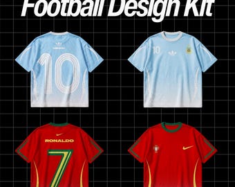 Könnte beinhalten: Ein Fußball-Design-Kit mit vier kurzärmeligen Trikots. Zwei hellblaue und weiße Trikots zeigen die Nummer 10, während zwei rote, grüne und gelbe Trikots die Nummer 7, den Namen RONALDO und verschiedene Sportmarken-Logos aufweisen.