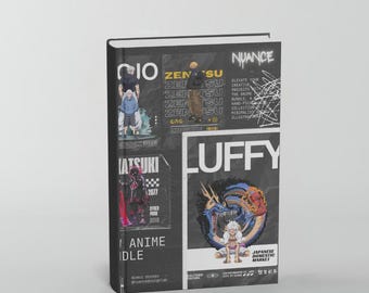 Könnte beinhalten: Ein schwarzer Bucheinband mit verschiedenen von Anime inspirierten Grafikdesigns, darunter Charaktere wie Luffy und Zenitsu, mit fettgedrucktem weißem Text "LUFFY", "NUANCE" und "JAPANESE DOMESTIC MARKET" sowie abstrakten Skizzen und Collagen.
