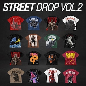 May include: A collection of sixteen short-sleeved t-shirts arranged in a grid, featuring various graphic prints including animals, warriors, and text. The top of the image displays the text STREET DROP VOL.2 in a bold, white, sans-serif font.