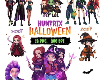 Pacchetto clipart di Halloween di Huntrix: cacciatori di demoni Kpop, ragazze Saja (PNG, download digitale)