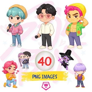 以下が含まれることがあります： 様々なキャラクターが登場する、漫画風のPNG画像コレクション。画像には、様々な髪の色や服装の人物が含まれており、マイクを持っている人もいます。「40 PNG IMAGES」というテキストが黄色のバナーに表示されています。