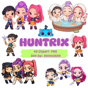 Chibi Huntrix PNG Clipart: Paquete de pegatinas de Kpop Demon Hunter Kawaii Saja Girls Descarga instantánea