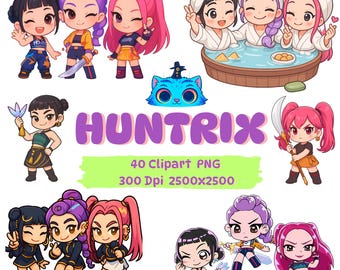 Imágenes prediseñadas PNG de Chibi Huntrix: Paquete de pegatinas de Kpop Demon Hunter Kawaii Saja Girls para descarga instantánea