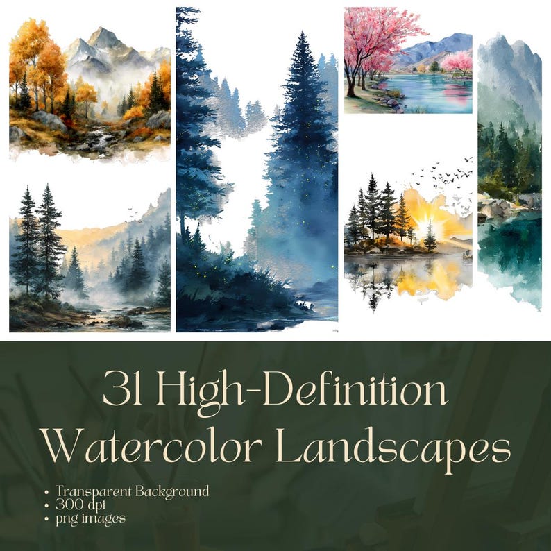 Watercolor Landscape 31 PNG Clipart Bundle, Lake, Forest Mountain ...