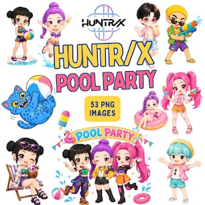 Può includere: Illustrazione digitale con personaggi dei cartoni animati a una festa in piscina. L'immagine include il testo "HUNTR/X POOL PARTY" e "53 PNG IMAGES". I personaggi hanno palloni da spiaggia, pistole ad acqua e gelati.