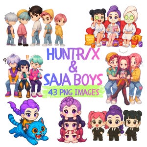 K-Pop Demon Hunters Chibi Clipart | Huntrix & Saja Boys png Sticker Pack Instant Download