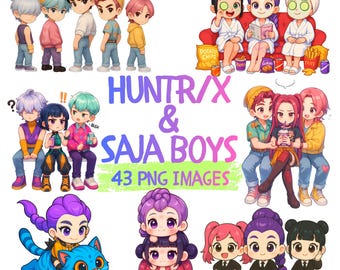 K-Pop Demon Hunters Chibi Clipart | Huntrix & Saja Boys png Sticker Pack Instant Download