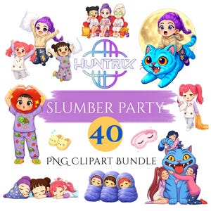 以下が含まれることがあります： お泊まり会をテーマにしたPNGクリップアートバンドル。パジャマを着た女の子、スパトリートメント、青い猫の漫画イラストが特徴です。「Slumber Party」と「PNG Clipart Bundle」のテキストが含まれています。