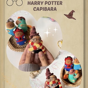 Puede incluir: La imagen muestra una colección de carpinchos de ganchillo hechos a mano, cada uno vestido con atuendos temáticos de Harry Potter. Los carpinchos llevan bufandas, sombreros y gafas. También se muestra el texto "PATRÓN PDF" y "HARRY POTTER CAPIBARA".