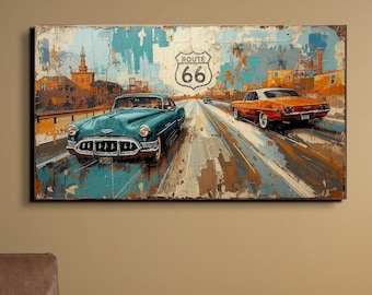 Vintage American Road Trip Canvas Print, Classic Car Wall Art, Retro Highway Decor