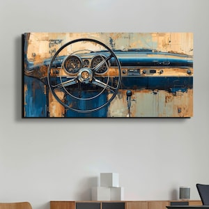 Vintage Car Dashboard Canvas Art, Retro Automotive Wall Decor Gift image 1