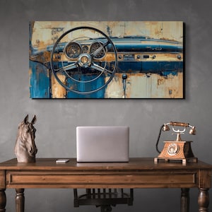 May include: A rectangular wall art print featuring a detailed painting of a vintage car dashboard with a large steering wheel, circular gauges, and a blue and tan colour palette with distressed, weathered textures throughout the composition.