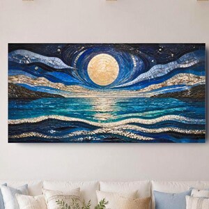 Abstract Moon Wall Art, Ocean Mosaic Canvas Print, Coastal Modern Decor