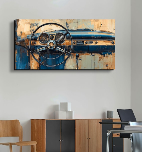 Vintage Car Dashboard Canvas Art, Retro Automotive Wall Decor Gift