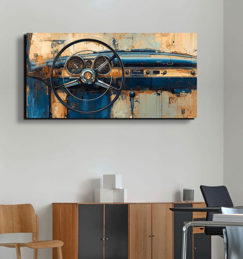 Vintage Car Dashboard Canvas Art, Retro Automotive Wall Decor Gift image 1