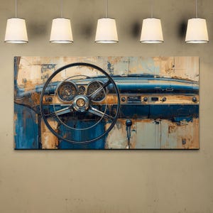 May include: Abstract painting of a classic car dashboard. The artwork features a black steering wheel, chrome gauges, and a blue and tan colour scheme. The painting has a textured, brushstroke style.