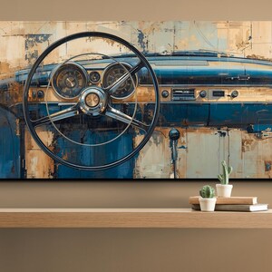May include: Abstract art print of a classic car dashboard. The artwork features a black steering wheel, gauges, and a blue and tan dashboard. The painting style gives a vintage feel.