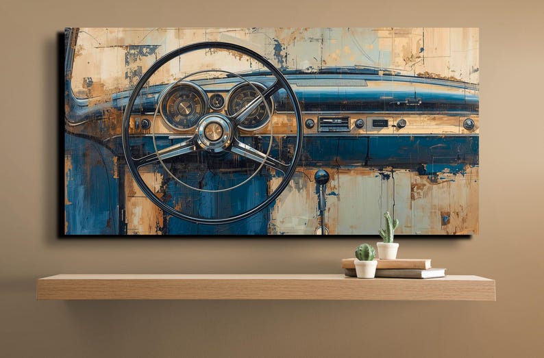 May include: Abstract art print of a classic car dashboard. The artwork features a black steering wheel, gauges, and a blue and tan dashboard. The painting style gives a vintage feel.