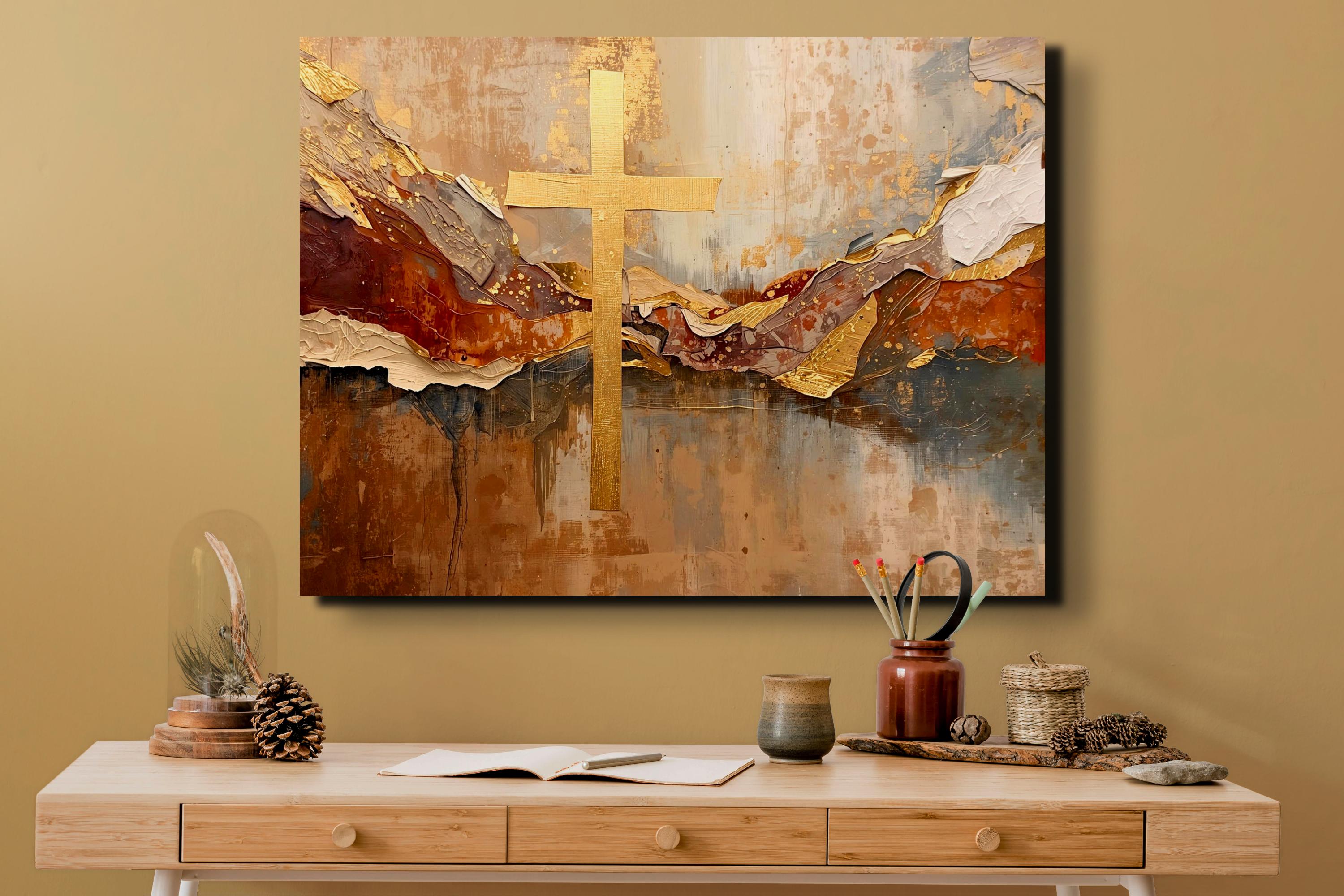 Abstract Gold Cross Wall Art | Modern Christian Faith Decor, Large