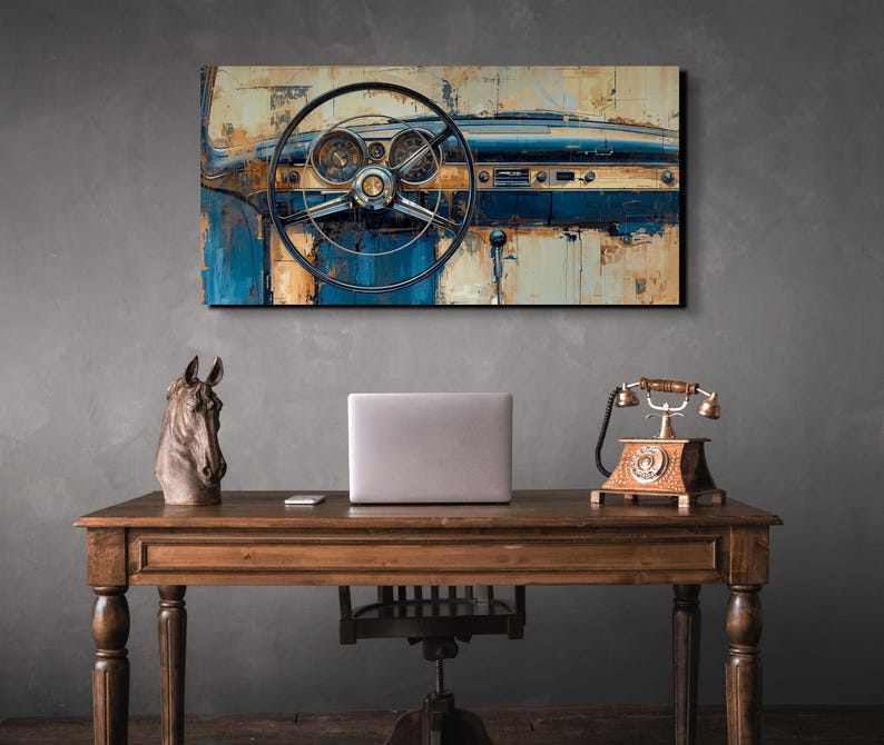 May include: A rectangular wall art print featuring a detailed painting of a vintage car dashboard with a large steering wheel, circular gauges, and a blue and tan colour palette with distressed, weathered textures throughout the composition.