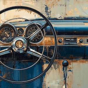 May include: An artistic rendering of a vintage car interior. The image features a black steering wheel, chrome gauges, and a blue and tan dashboard. The artwork has a distressed, aged appearance.