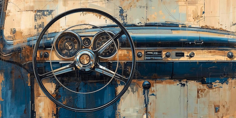 May include: An artistic rendering of a vintage car interior. The image features a black steering wheel, chrome gauges, and a blue and tan dashboard. The artwork has a distressed, aged appearance.