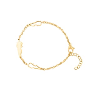 May include: A gold-colored bracelet featuring three map-shaped charms. The bracelet has a delicate chain design with an adjustable clasp. The charms appear to be outlines of geographical regions. The bracelet is displayed against a white background.