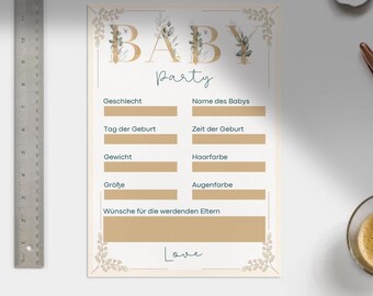 Puede incluir: Una tarjeta de juego Baby Party beige y dorada con secciones para completar con los detalles del bebé. La tarjeta presenta la palabra "BABY" en dorado con detalles florales y un "Party" en cursiva debajo. Incluye secciones para sexo, fecha de nacimiento, peso y más.
