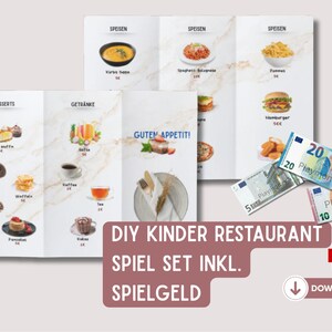 Printable A4 - Kinder Restaurant Spiel Set - Sofort-Download | Speisekarte + Spielgeld zum Ausdrucken  | Lernspiel Essen | Kaufladen Zubehör