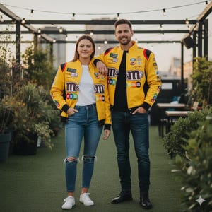 May include: Two people wearing matching yellow jackets featuring the M&M's logo and sponsor patches. The jackets have black and red detailing. They are standing on a green surface, with a city skyline in the background.