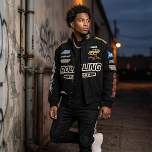 Puede incluir: Chaqueta bomber negra con múltiples parches y las palabras "Rolling Loud" en blanco y dorado. La chaqueta tiene cierre de botón a presión y se usa con jeans negros y zapatillas blancas. La chaqueta tiene un ribete dorado y negro.