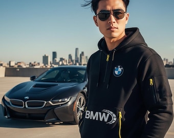 BMW Motorsport Hoodie mit Neon Gelben Reißverschlüssen Personalisierter Racing Zip-Up für Männer & Frauen Benutzerdefinierte Text Auto Liebhaber Geschenk Fleecejacke