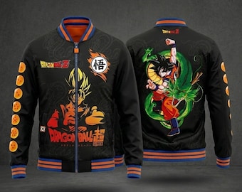 Wendejacke, Anime Dragon Ball Z Bomberjacke, Schwarz & Orange Varsity Zip, Unisex Streetwear