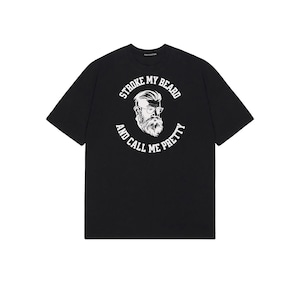 May include: Black t-shirt with a white graphic of a bearded man wearing glasses, encircled by the text "STROKE MY BEARD AND CALL ME PRETTY". The shirt has short sleeves and a crew neck.