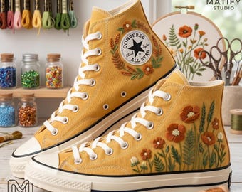Embroidered Poppy Sneakers, Mustard Yellow High Tops, Wildflower Canvas Shoes, Floral Embroidery Art, Botanical Gift, Boho Flower Sneakers