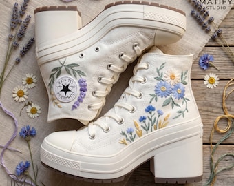 Embroidered Platform Boots, Floral Canvas Sneakers, Custom Wildflower High Tops, Cottagecore Aesthetic Shoes, Boho Bridal Sneakers, Gift
