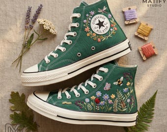 Embroidered Botanical Sneakers, Floral Canvas Shoes, Cottagecore Aesthetic Footwear, Nature Inspired Gift for Her, Casual Everyday Shoes