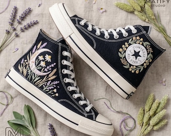 Black Embroidered Sneakers, Floral Canvas High Tops, Celestial Moon & Flower Shoes, Cottagecore Aesthetic Footwear, Custom Nature Gift