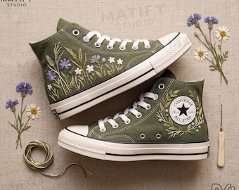 Embroidered Floral High Top Sneakers, Vintage Botanical Canvas Shoes, Cottagecore Aesthetic Footwear, Handmade Style Gift for Women