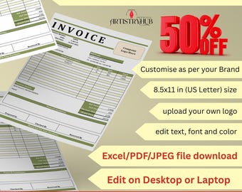Modelo de fatura editável: Excel, Planilhas Google (download instantâneo)