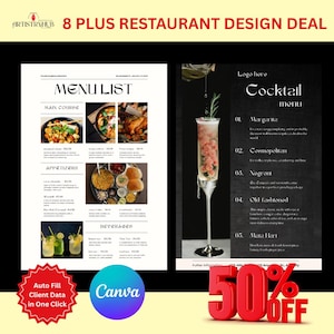 Plantillas de menú de restaurante editables en Canva (descarga instantánea)